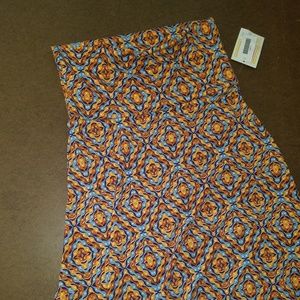 NWT Lularoe Medium Maxi Skirt, Blue, Orange Gold Geometric